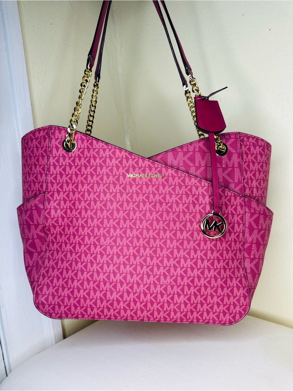 Michael Kors Fuchsia MK Monogram Tote with Gold Hardware